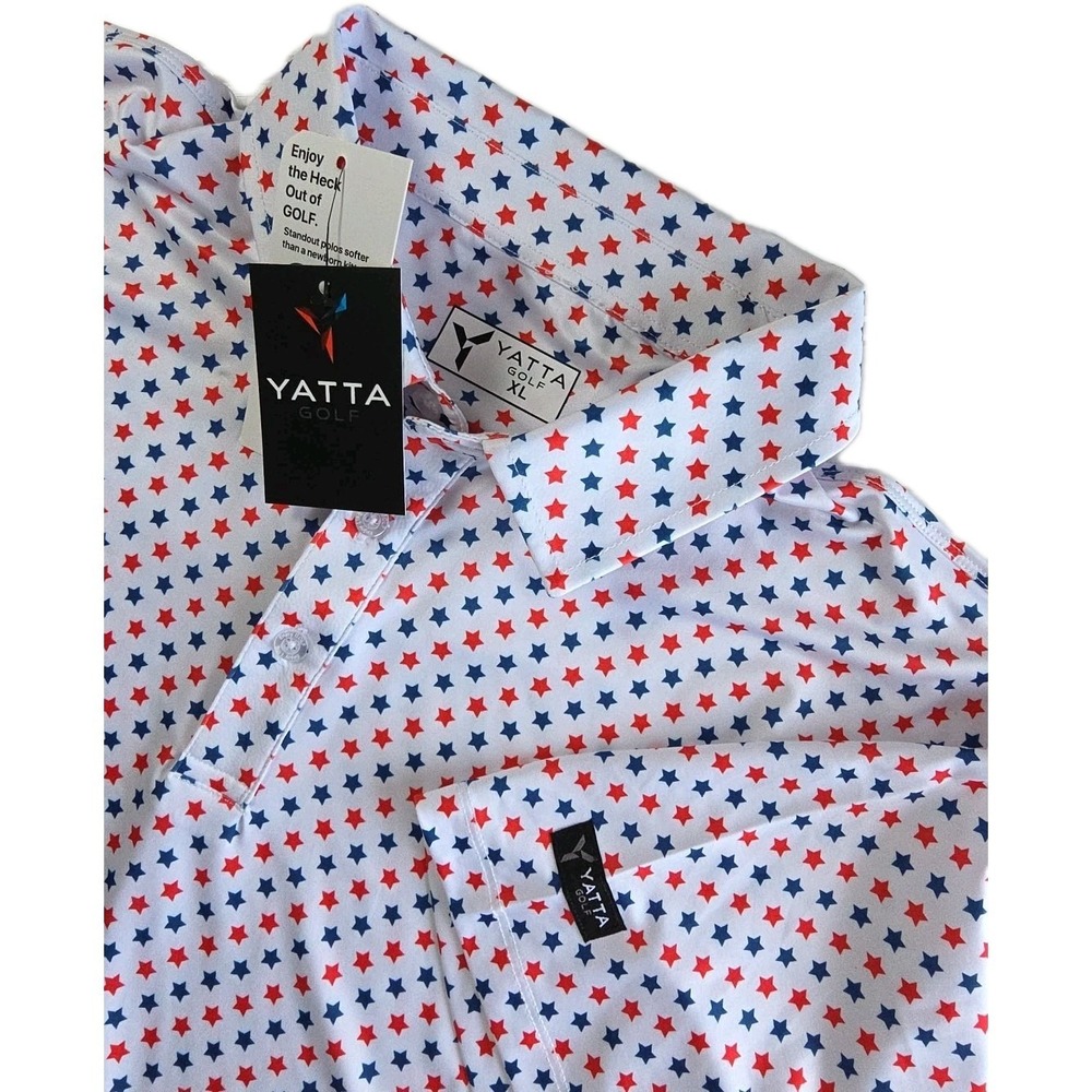 YATTA GOLF Polo Shirt 4TH OF JULY ROWS OF RED BLUE STARS (Men's XL) NEW $60 TAG